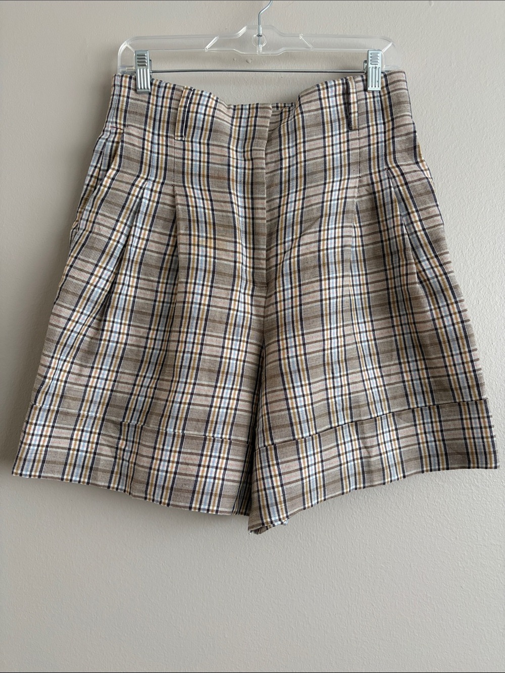 Massimo Dutti Neutral Plaid Linen Blend Pleated Bermuda Shorts - Size 8
